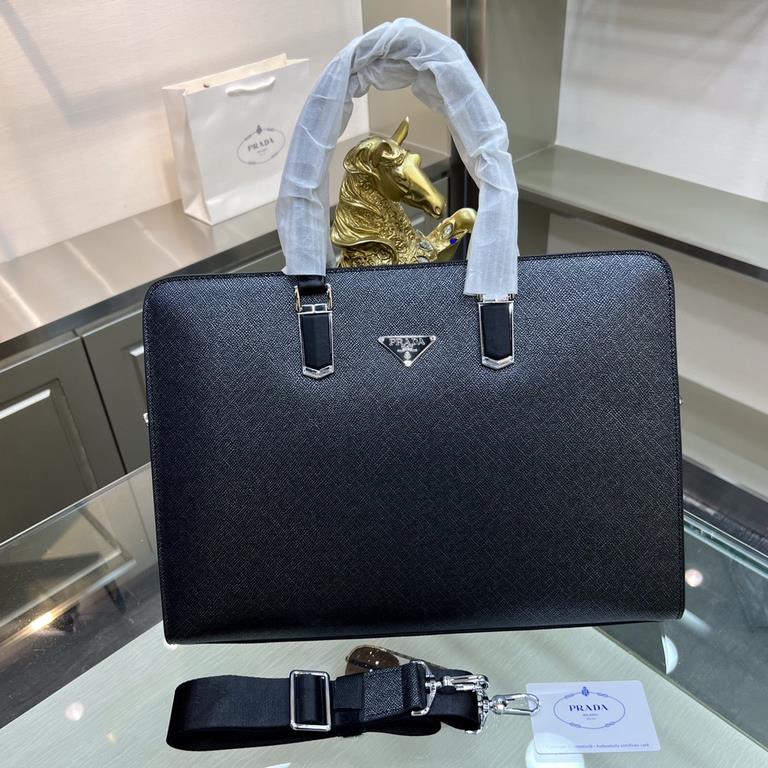 PRADA Prada New Briefcase Made of imported cowhide leather, top polished stainless steel finish metal accessories , front exterior triangular enamel logo, ring head with combination lock, simple and generous business Suc