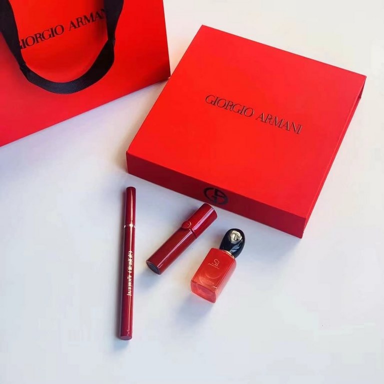 Original qualityArmani Red Beloved Makeup Sample Set of 3! With gift bag. Contains Red Tube Lip Glaze 45# 3.5ml, Red Tube Eyeliner, Red Beloved Perfume 7.5ml.