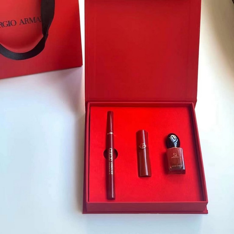 Original qualityArmani Red Beloved Makeup Sample Set of 3! With gift bag. Contains Red Tube Lip Glaze 45# 3.5ml, Red Tube Eyeliner, Red Beloved Perfume 7.5ml.