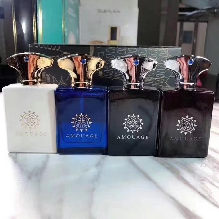 Amouage Amouage Perfume Medium Sample 30ml Set of 4! Flavors Amouage Interlude for Men Blue Bottle, Rose Charm for Men Red Bottle, Memoir for Men Black Bottle, Butterfly for Men White Bottle.