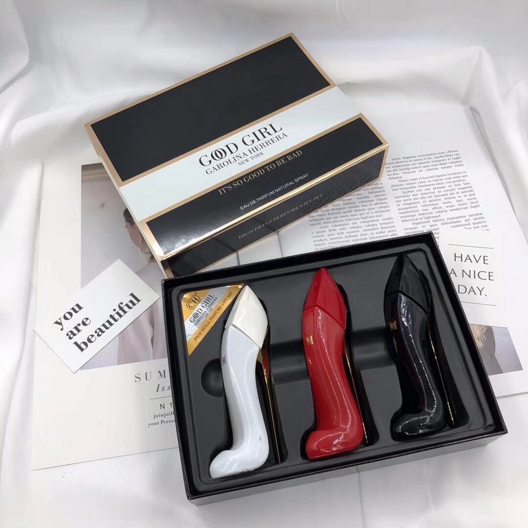 CH Carolina, Spain High Heels   Perfume Set of 3  Good Girl   Good Girl Perfume by Carolina Herrera   High Heels.   Carolina Herrera is launching a new women's fragrance called 'Good Girl.' The high heel styled bottle me