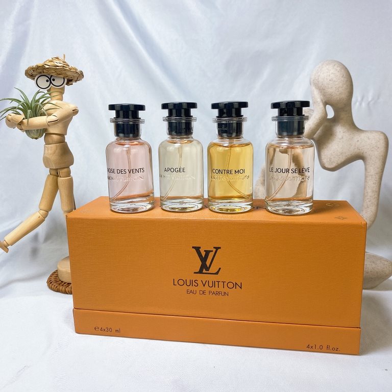 Original qualityLV Perfume Medium Sample 30ml 4-piece yellow box! 430ml with nozzle. Contains Rose in the Wind, Dependence, Breaking Dawn, Peak.