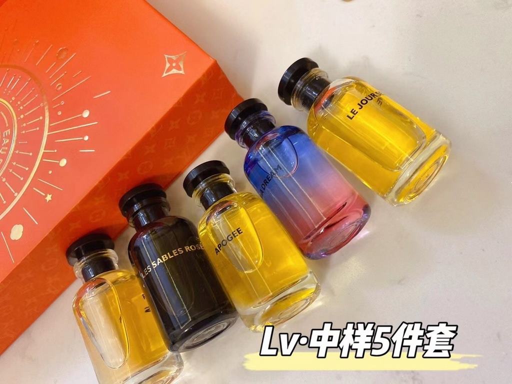 Original qualitylv perfume sample set of 5 orange box lv perfume q version 10ml gift box five sets with gift bagContains California Dreams, Saab Rose, Rose in the Wind, Peak, Breaking Dawn.