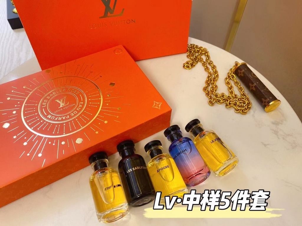 Original qualitylv perfume sample set of 5 orange box lv perfume q version 10ml gift box five sets with gift bagContains California Dreams, Saab Rose, Rose in the Wind, Peak, Breaking Dawn.