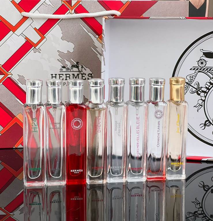 Original quality Hermes Smelling Fragrance Water Sample 15ml Set of Eight, 8×15ml with SprayerScent h24 Rhythm, Mr. Lee, Scarlet Rhubarb, Earth, Basketry, Oceanic Journey, Yunnan Dan Gui, One Day's Light.