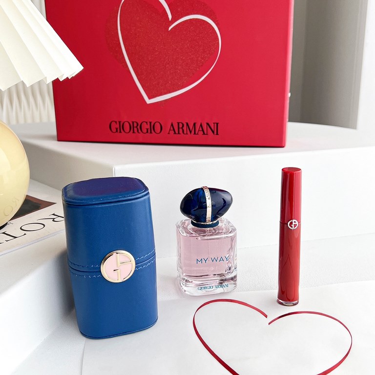 Original qualityArmani Moment Romance 3 Piece Set with Leather CaseRed Tube Lip Glaze 405# Ego Boundless Perfume 50ml High Definition Perfume Leather Case