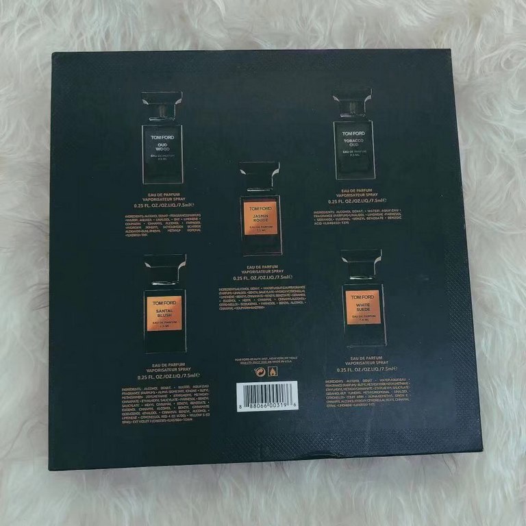 Original qualityTF Perfume 5 Piece Black Gift Set, Q perfume sample 7.5ml, set contains   Sedum Ebony   Tobacco Ebony   White Musk   Rouge Jasmine   Sandalwood Huma