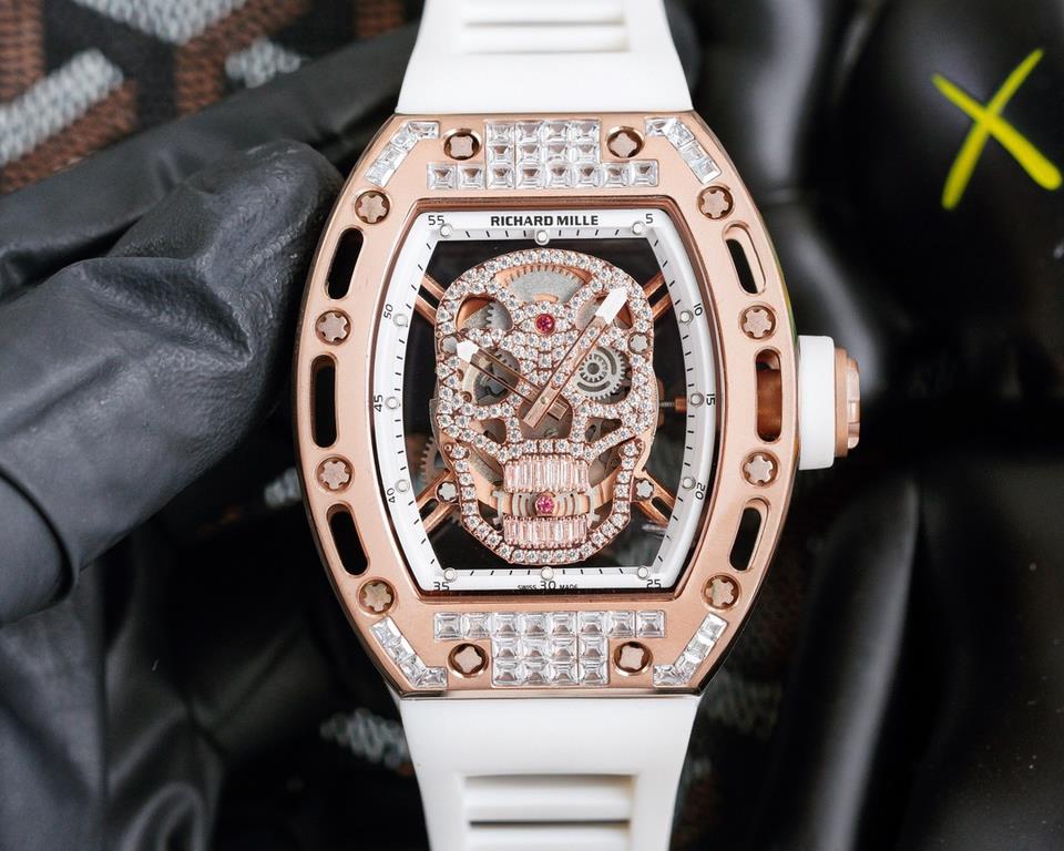 Richard Mille RM-052 The newest addition to the RM-052 collection, the skull and skeleton collection, with its diamond-encrusted case and original mechanical movement, highlights the sporty style of this watch. Its bold,