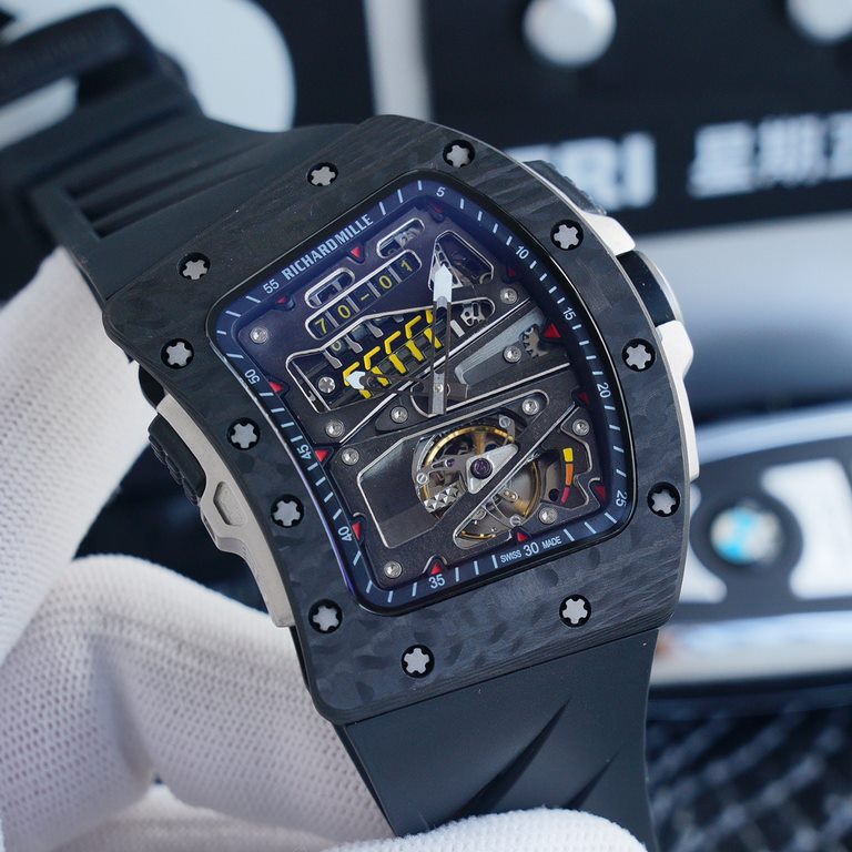 Richard Mille RM70-01 The world's top Swiss watchmaker joins forces with Formula 1 driver Alain Prost to present the 2018 RM 70-01 Tourbillon Alain Prost's Cycle Racing Watch. Luminous Xin carbon fiber tonneau-shaped off