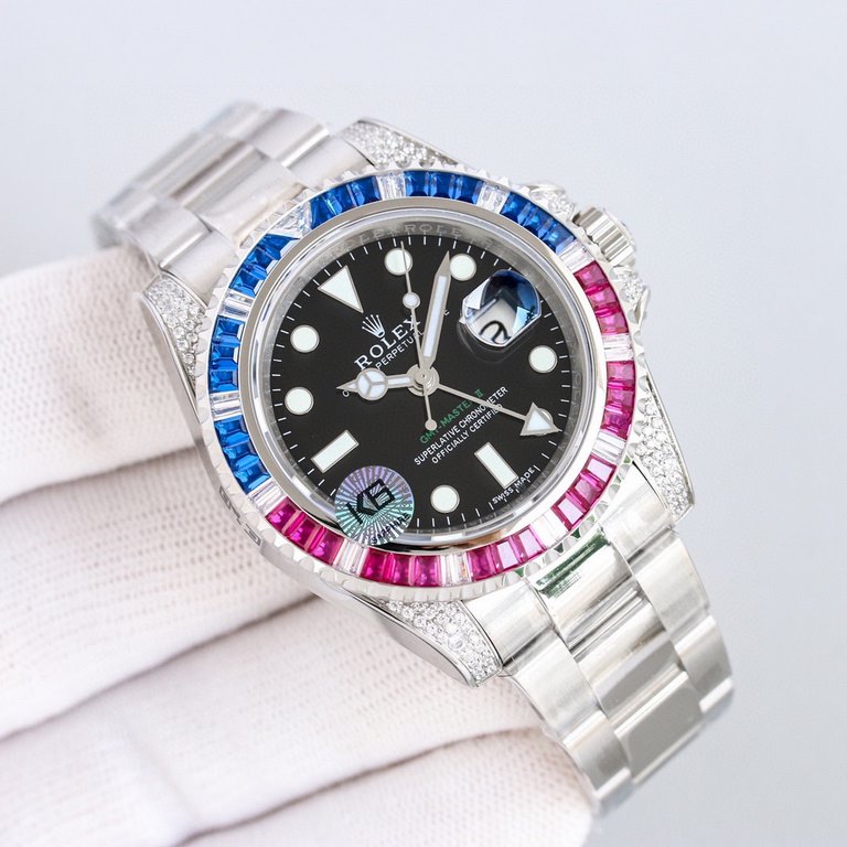 The Rolex GMT II Rear Diamond Customized Edition! It is a luxury and glittering but also a classic and trendy choice! Each diamondfancy color gem from Austria (Swarovski origin) is carefully selected to ensure uniformity