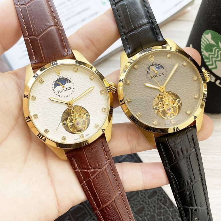 New skeletonized classic hundred show luxuryNewest】：Rolex    three hands moon phase large flywheel boutiqueType】：Boutique men's watches[Strap] real cowhide strap (comfortable and durable)[Movement] High-end automatic mec