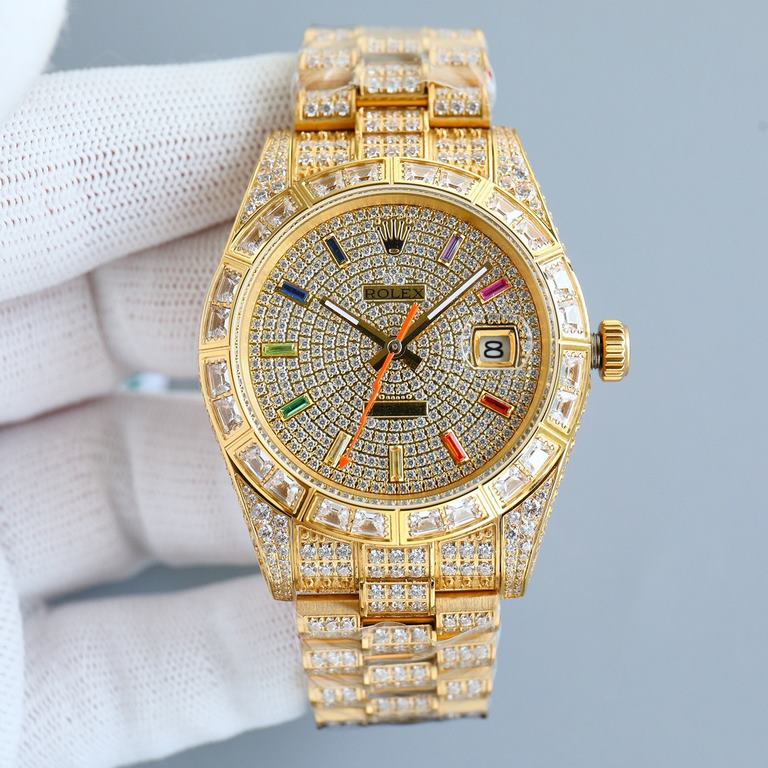 Rolex full diamond log replica highest version! Square diamond bezel and designed with higher-end setting process! The highest degree of one-to-one reproduction! Dial rainbow stripe diamond star design, 41mm diameter! Eq