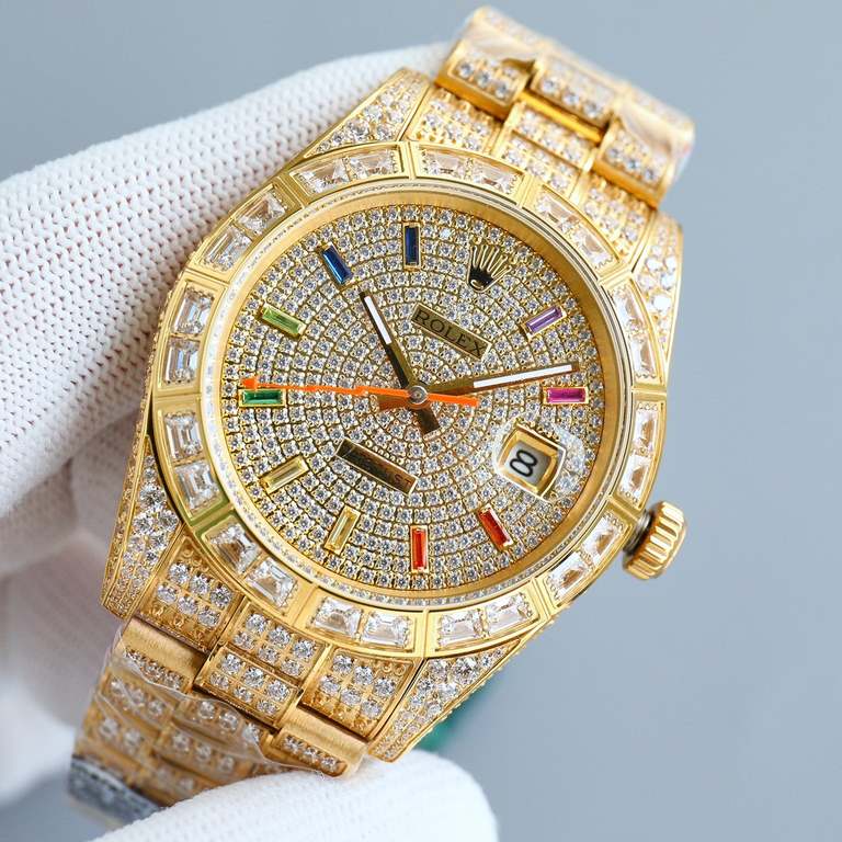 Rolex full diamond log replica highest version! Square diamond bezel and designed with higher-end setting process! The highest degree of one-to-one reproduction! Dial rainbow stripe diamond star design, 41mm diameter! Eq