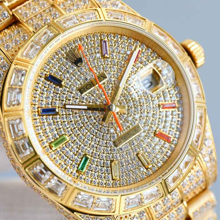 Rolex full diamond log replica highest version! Square diamond bezel and designed with higher-end setting process! The highest degree of one-to-one reproduction! Dial rainbow stripe diamond star design, 41mm diameter! Eq