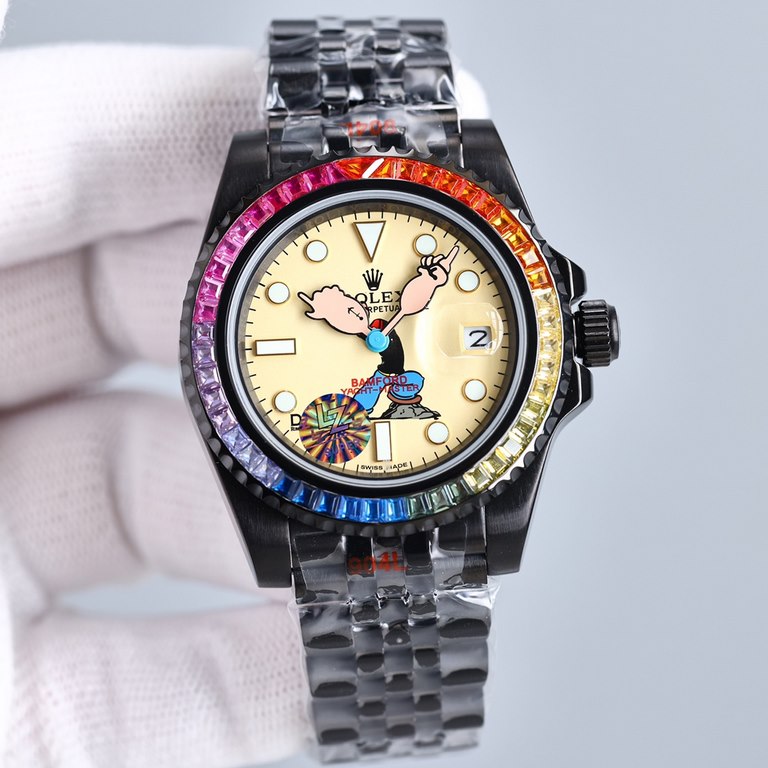 Replica one to one limited edition, rainbow diamond bezel mouth! Adopting the highest version of the real force set process (slightly loose non-glue paste diamond process) top watch brand ROLEX, case 40mm! Popeye Rolex y