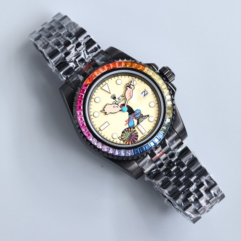 Replica one to one limited edition, rainbow diamond bezel mouth! Adopting the highest version of the real force set process (slightly loose non-glue paste diamond process) top watch brand ROLEX, case 40mm! Popeye Rolex y