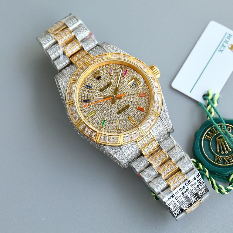 Rolex full diamond log replica highest version! Square diamond bezel and designed with higher-end setting process! The highest degree of one-to-one reproduction! Dial rainbow stripe diamond star design, 41mm diameter! Eq