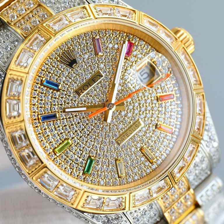 Rolex full diamond log replica highest version! Square diamond bezel and designed with higher-end setting process! The highest degree of one-to-one reproduction! Dial rainbow stripe diamond star design, 41mm diameter! Eq