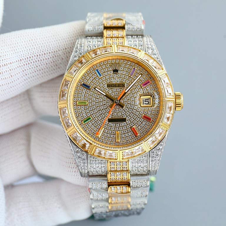 Rolex full diamond log replica highest version! Square diamond bezel and designed with higher-end setting process! The highest degree of one-to-one reproduction! Dial rainbow stripe diamond star design, 41mm diameter! Eq