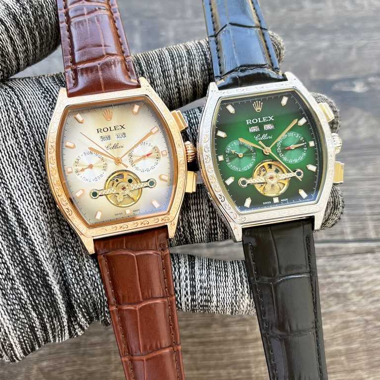 The new tonneau is on the market!【Newest】： Rolex multi-functional boutique, three hands large flywheel design[Type] Boutique men's watchesStrap] Genuine cowhide leather strap【Movement】：High-end automatic mechanical movem