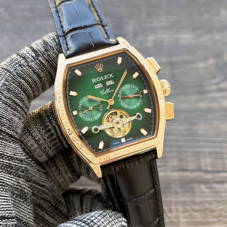 The new tonneau is on the market!【Newest】： Rolex multi-functional boutique, three hands large flywheel design[Type] Boutique men's watchesStrap] Genuine cowhide leather strap【Movement】：High-end automatic mechanical movem