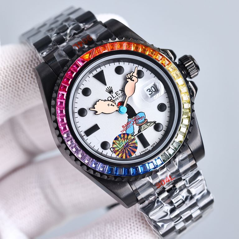 Replica one to one limited edition, rainbow diamond bezel mouth! Adopting the highest version of the real force set process (slightly loose non-glue paste diamond process) top watch brand ROLEX, case 40mm! Popeye Rolex y