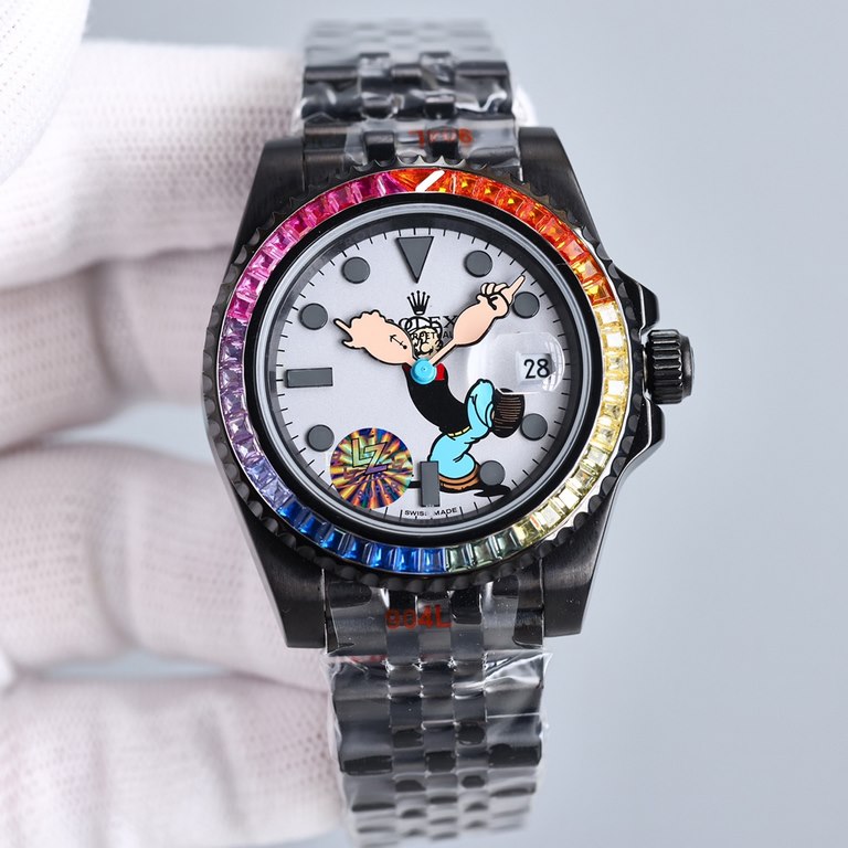 Replica one to one limited edition, rainbow diamond bezel mouth! Adopting the highest version of the real force set process (slightly loose non-glue paste diamond process) top watch brand ROLEX, case 40mm! Popeye Rolex y