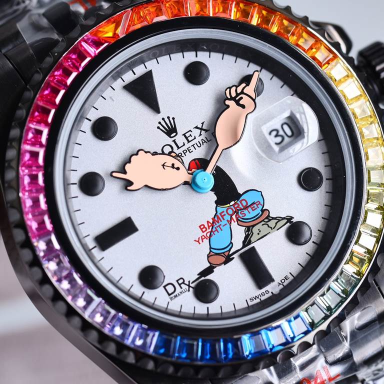 Replica one to one limited edition, rainbow diamond bezel mouth! Adopting the highest version of the real force set process (slightly loose non-glue paste diamond process) top watch brand ROLEX, case 40mm! Popeye Rolex y