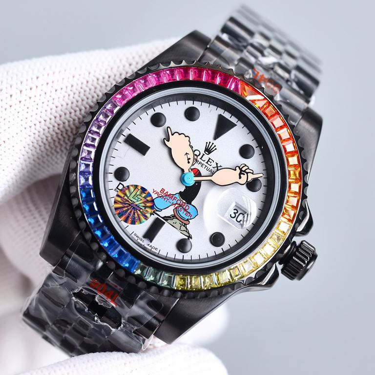 Replica one to one limited edition, rainbow diamond bezel mouth! Adopting the highest version of the real force set process (slightly loose non-glue paste diamond process) top watch brand ROLEX, case 40mm! Popeye Rolex y