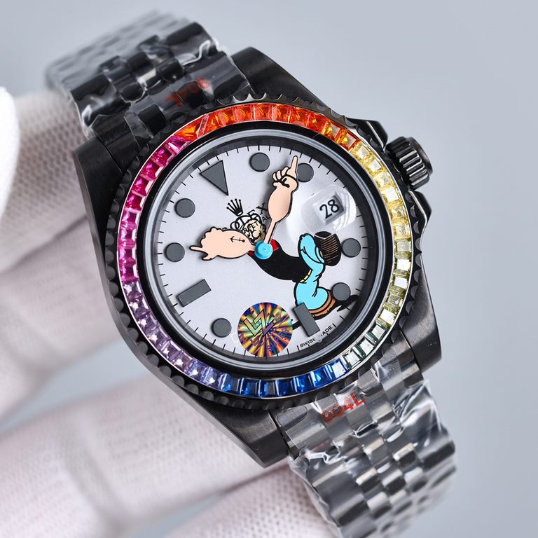 Replica one to one limited edition, rainbow diamond bezel mouth! Adopting the highest version of the real force set process (slightly loose non-glue paste diamond process) top watch brand ROLEX, case 40mm! Popeye Rolex y