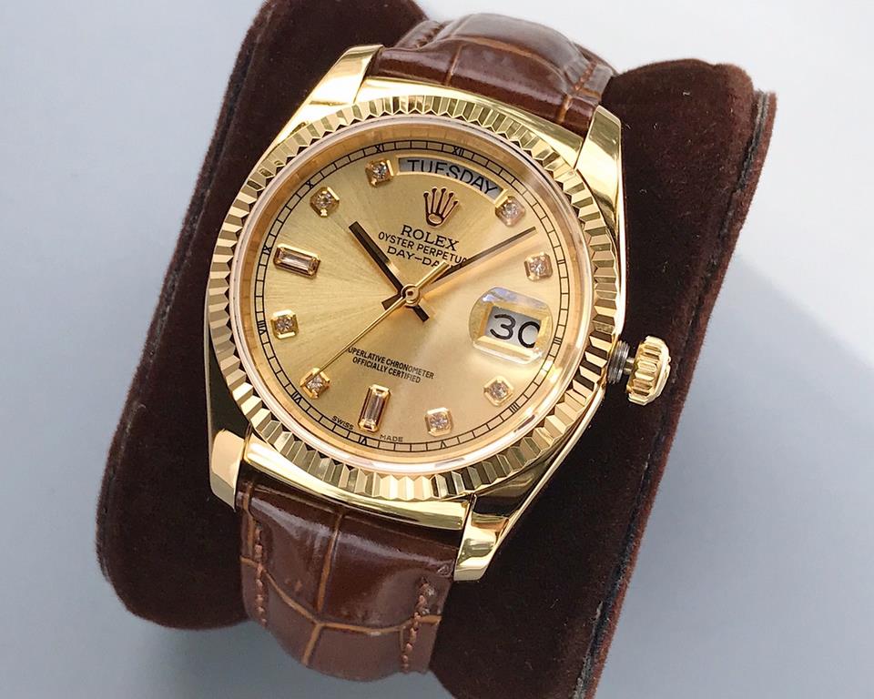 TR production] Rolex day-date 36mm weekly calendar type series of new a small number of arrivals to accept the scheduled shipment equipped with genuine imitation crocodile leather material strap, the original buckle, the