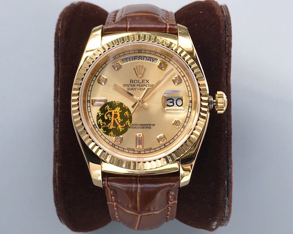 TR production] Rolex day-date 36mm weekly calendar type series of new a small number of arrivals to accept the scheduled shipment equipped with genuine imitation crocodile leather material strap, the original buckle, the