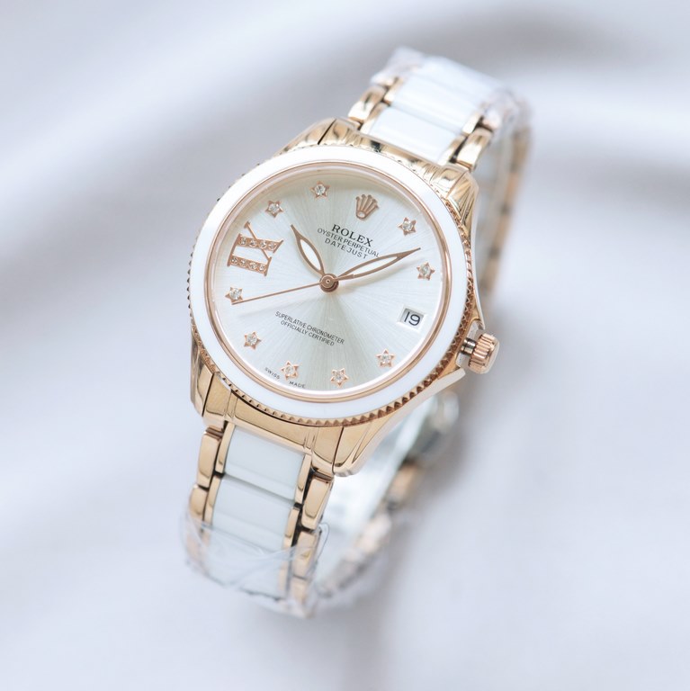 Brand：Rolex Style：New Women's Mechanical Watch Movement：Imported Citizen 8215 Mechanical Mirror：Imported Sapphire Glass Bracelet：Real Cowhide Bracelet316L Ceramic Bracelet between Steel Size：Diameter 34mm Thickness 11mm