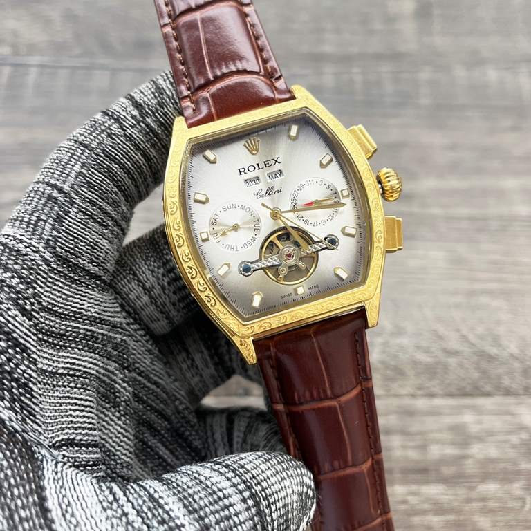 The new tonneau is on the market!【Newest】： Rolex multi-functional boutique, three hands large flywheel design[Type] Boutique men's watchesStrap] Genuine cowhide leather strap【Movement】：High-end automatic mechanical movem