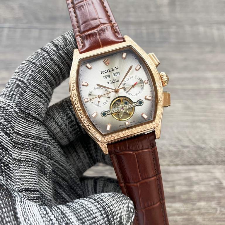 The new tonneau is on the market!【Newest】： Rolex multi-functional boutique, three hands large flywheel design[Type] Boutique men's watchesStrap] Genuine cowhide leather strap【Movement】：High-end automatic mechanical movem