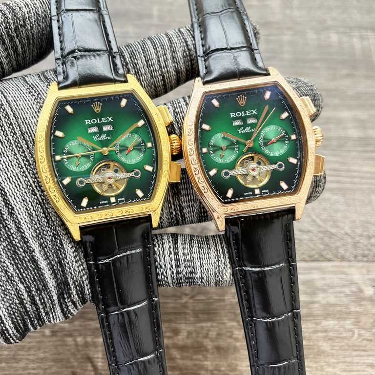 The new tonneau is on the market!【Newest】： Rolex multi-functional boutique, three hands large flywheel design[Type] Boutique men's watchesStrap] Genuine cowhide leather strap【Movement】：High-end automatic mechanical movem