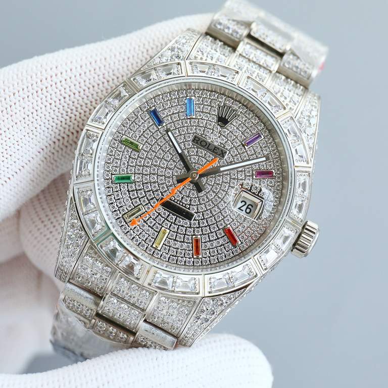 Rolex full diamond log replica highest version! Square diamond bezel and designed with higher-end setting process! The highest degree of one-to-one reproduction! Dial rainbow stripe diamond star design, 41mm diameter! Eq