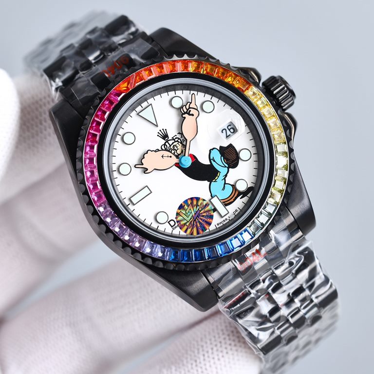 Replica one to one limited edition, rainbow diamond bezel mouth! Adopting the highest version of the real force set process (slightly loose non-glue paste diamond process) top watch brand ROLEX, case 40mm! Popeye Rolex y