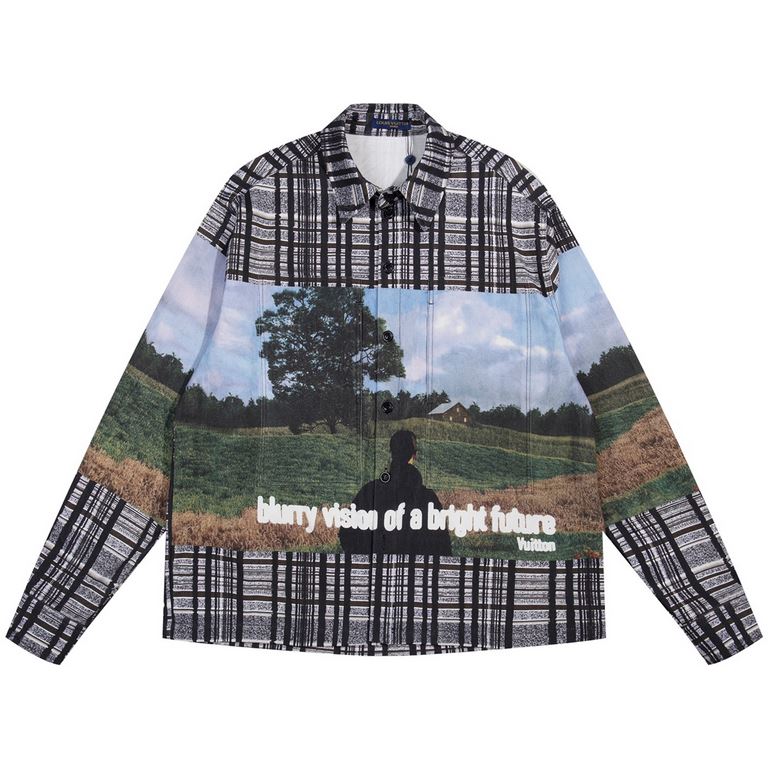 Lv Movie Landscape Painting Cotton Shirt Pure cotton twill fabric, imported digital direct printing process, according to the original body cut piece anatomical structure, each cut piece corresponds to a different landsc