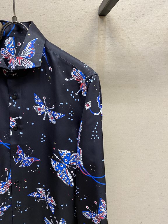 VLT...... floral butterfly elements design long sleeve shirt Custom imported liquid ammonia cotton fabrics on the body like a spring breeze Vintage aesthetics of the pattern design interpretation as if from the Los Angel