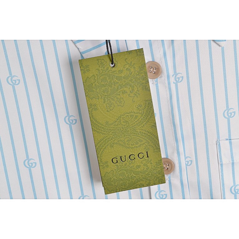 GucciGucci 22ss Printed Blue Striped ShirtSize：XS S M LCustom logo deep sea shell buttons, heavy duty embroidery crafted fabric, light blue, white and light blue GG stripe cut silk cotton from multiple collections, new f