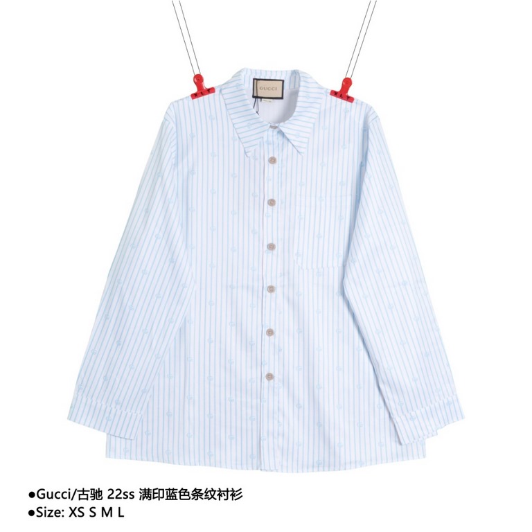 GucciGucci 22ss Printed Blue Striped ShirtSize：XS S M LCustom logo deep sea shell buttons, heavy duty embroidery crafted fabric, light blue, white and light blue GG stripe cut silk cotton from multiple collections, new f