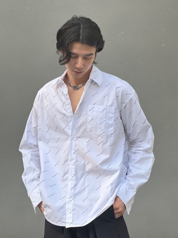 BALENCIAGAParisian Classic Twill Poplin Full Print Long Sleeve Shirt, Upper Photo Collection