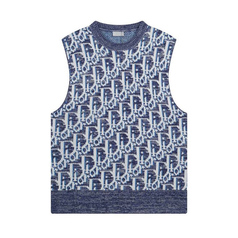 Dior Dior CD2023FW Early Fall Blue Wool Fabric Oblique Printed Knit Vest.This sleeveless knitwear piece reinterprets classic knitwear by incorporating the iconic Dio logo. Crafted from blue wool jacquard, it's elevated w