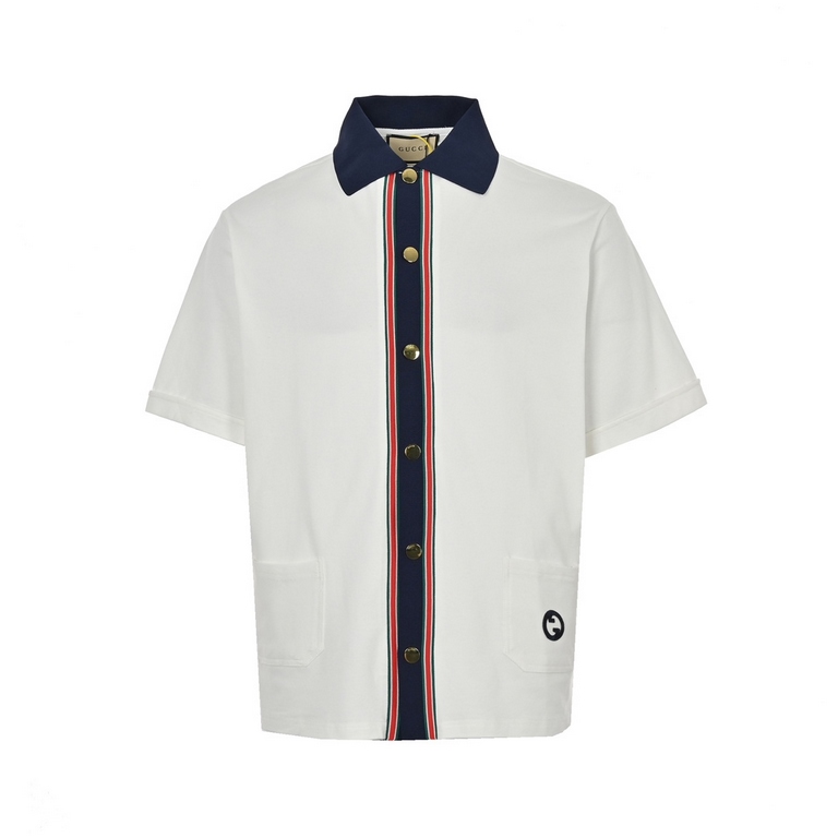 GucciGucci 23ss placket webbing shirt short sleeveHigh quality2023 new Guc webbing splicing logo Guc shirt small red book brush burst the whole network Fixed weave beaded ground mesh cotton fabric vertical feeling very s