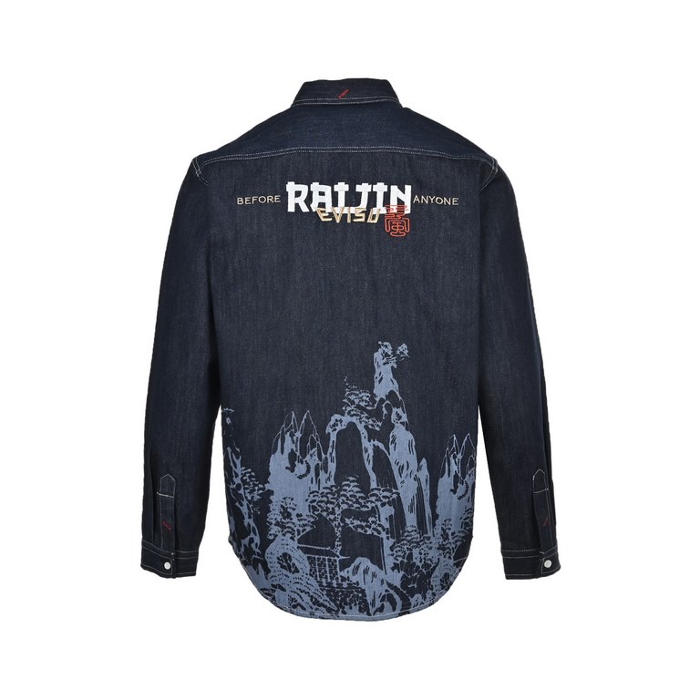 EvisuFukujin 22Fw Neptune Embroidered Big M Print Long Sleeve ShirtThis long-sleeved shirt features Japanese paper-cut landscape painting details on both the front and back, with sharp lines that create an artistic aura.