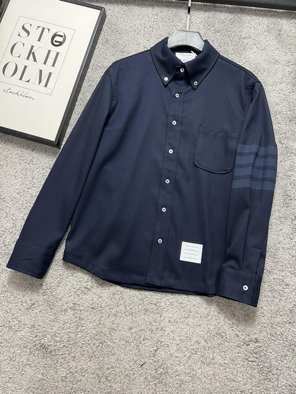 TB23FW fall and winter new top twill wool material lapel shirt, men's and women's classic four bar jacquard logo dark blue long-sleeved shirt! Trading company channel rare out, synchronized with the official website on s