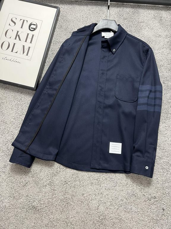 TB23FW fall and winter new top twill wool material lapel shirt, men's and women's classic four bar jacquard logo dark blue long-sleeved shirt! Trading company channel rare out, synchronized with the official website on s