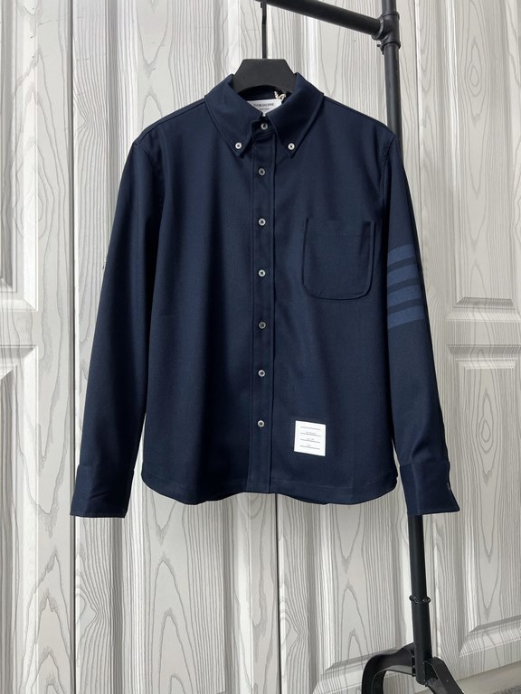 TB23FW fall and winter new top twill wool material lapel shirt, men's and women's classic four bar jacquard logo dark blue long-sleeved shirt! Trading company channel rare out, synchronized with the official website on s