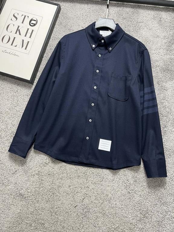 TB23FW fall and winter new top twill wool material lapel shirt, men's and women's classic four bar jacquard logo dark blue long-sleeved shirt! Trading company channel rare out, synchronized with the official website on s